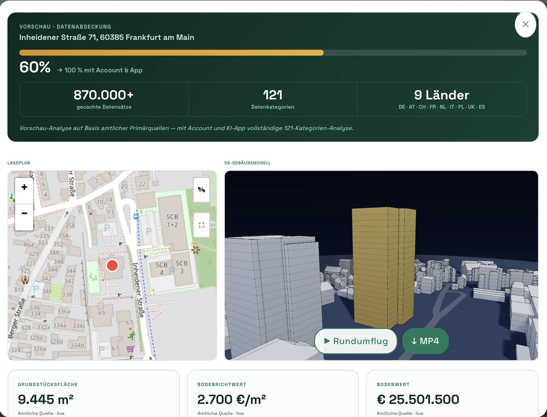 Inspectius Kurzcheck — Vorschau mit Lageplan, 3D-Gebäudemodell, Grundstücksfläche, Bodenrichtwert und Bodenwert aus amtlichen Quellen